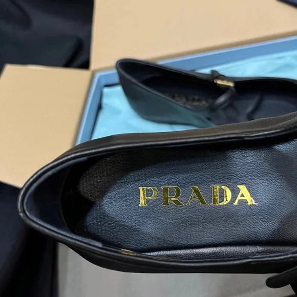 Prada Women's Black Leather Flats with Logo Detail - Picture 9 of 9